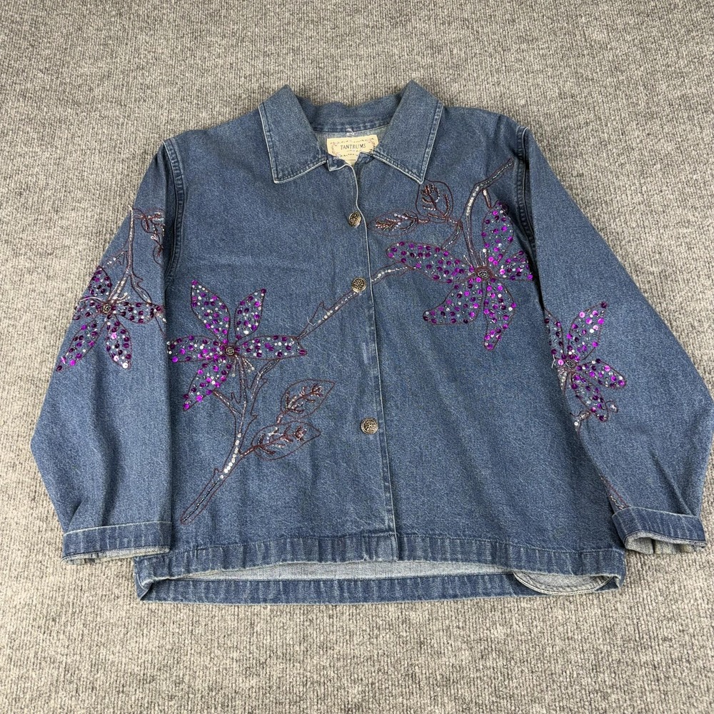 Tantrums Jacket Womens Large Blue Denim Floral Embroidered Sequin Button Front